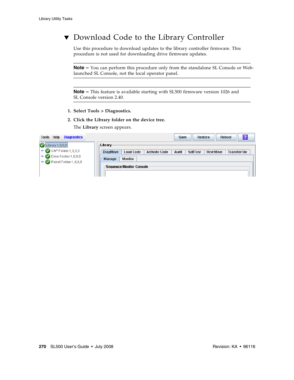 Download code to the library controller, Download code to the library controller 270 | Sun Microsystems StorageTek Modular Library System SL500 User Manual | Page 302 / 436