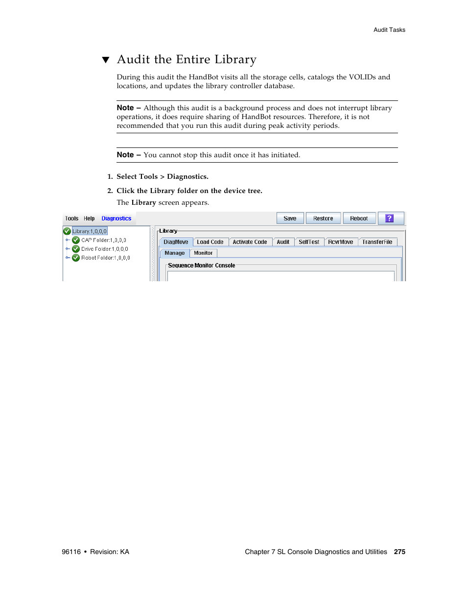 Audit the entire library, Audit the entire library 275 | Sun Microsystems StorageTek Modular Library System SL500 User Manual | Page 307 / 436