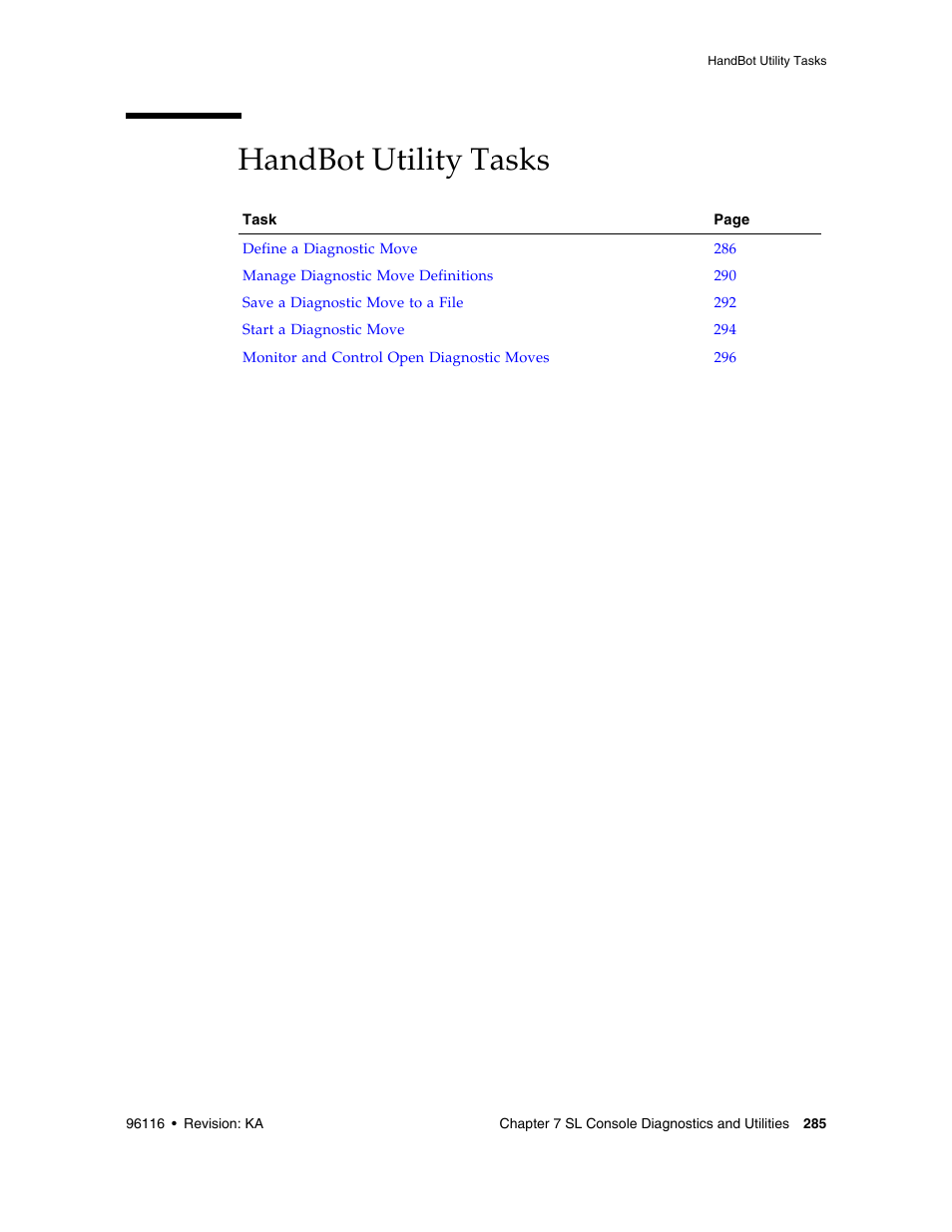 Handbot utility tasks, Handbot utility tasks 285 | Sun Microsystems StorageTek Modular Library System SL500 User Manual | Page 317 / 436