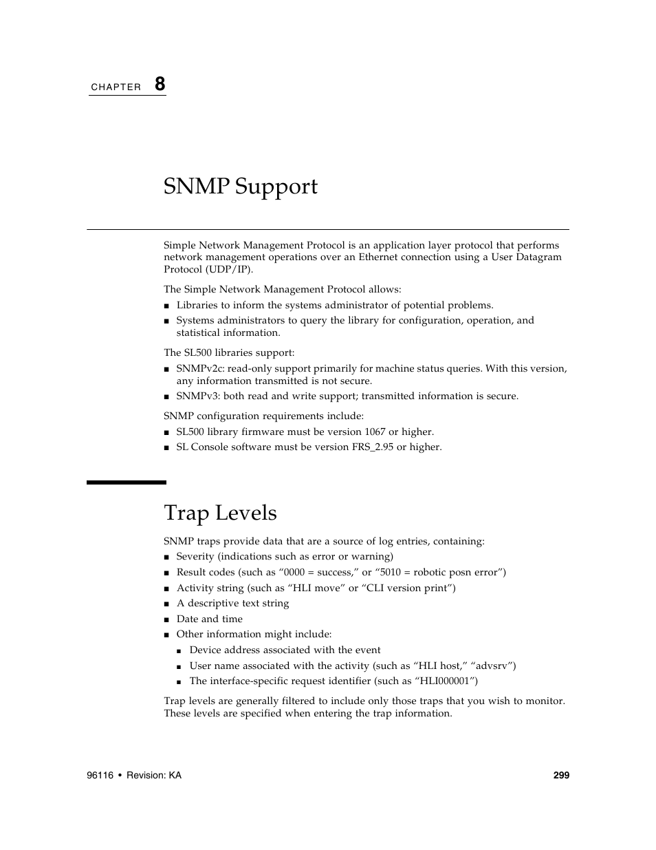 Snmp support, Trap levels, Chapter 8, “snmp support | New cha, Snmp support 299 | Sun Microsystems StorageTek Modular Library System SL500 User Manual | Page 331 / 436