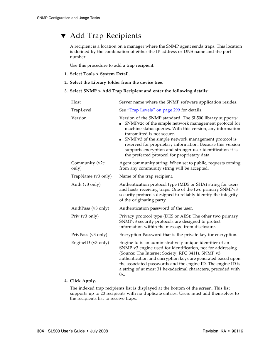 Add trap recipients, Add trap recipients 304 | Sun Microsystems StorageTek Modular Library System SL500 User Manual | Page 336 / 436