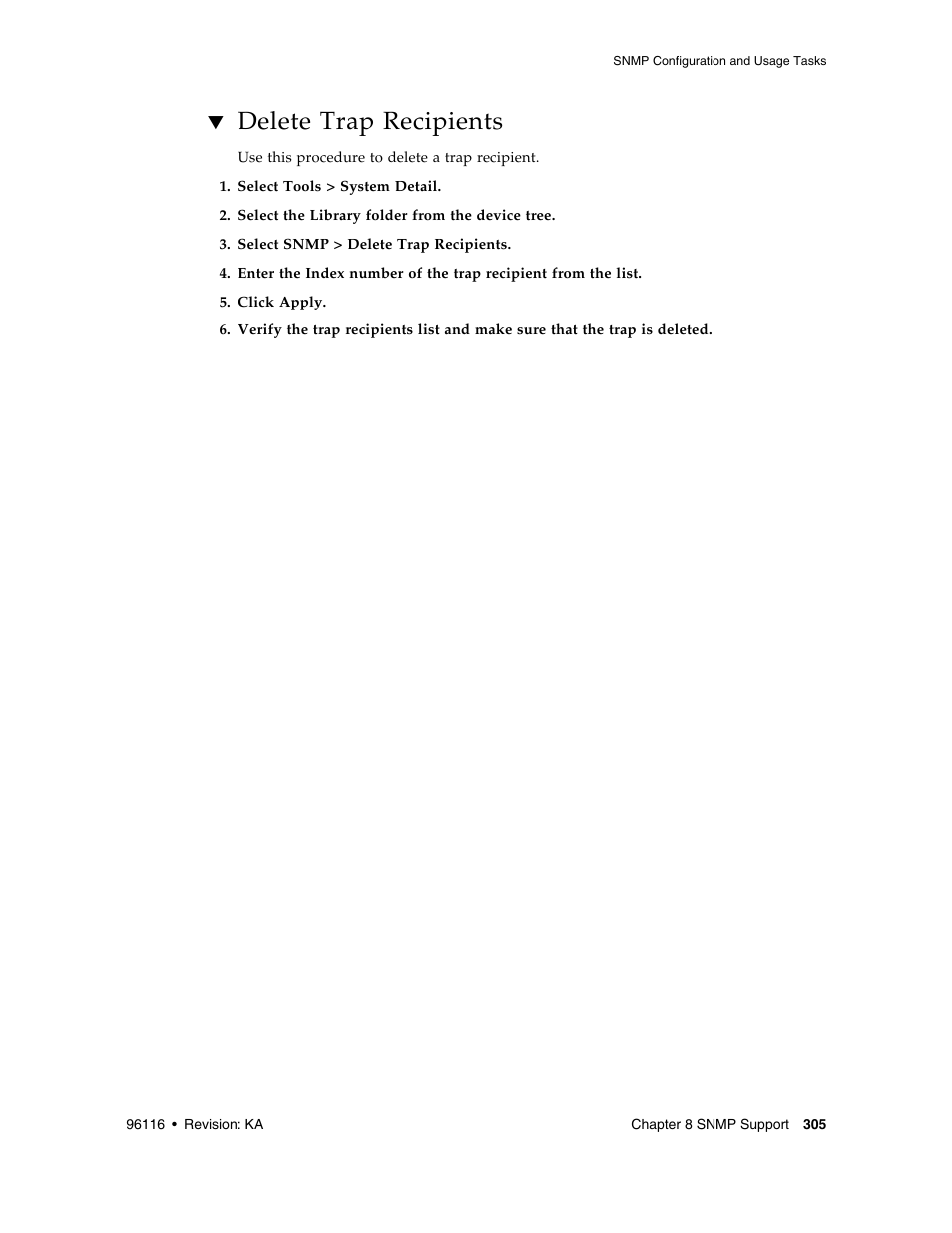 Delete trap recipients, Delete trap recipients 305 | Sun Microsystems StorageTek Modular Library System SL500 User Manual | Page 337 / 436