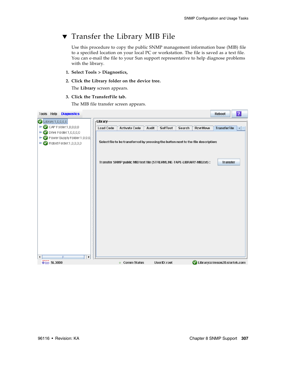 Transfer the library mib file, Transfer the library mib file 307 | Sun Microsystems StorageTek Modular Library System SL500 User Manual | Page 339 / 436