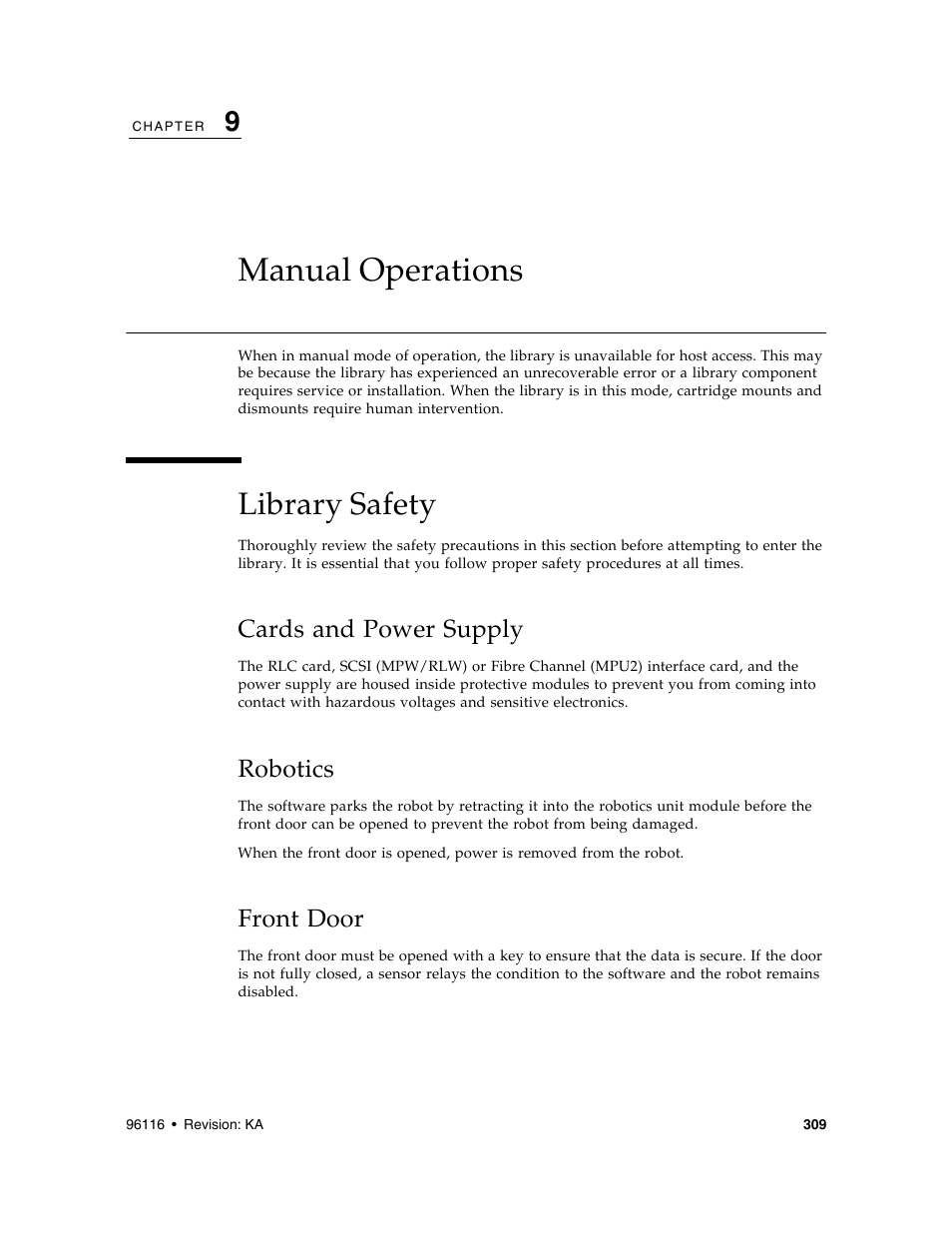 Manual operations, Library safety, Cards and power supply | Robotics, Front door, Chapter 9, “manual operations, Manual operations 309, Robotics 309, Front door 309 | Sun Microsystems StorageTek Modular Library System SL500 User Manual | Page 341 / 436