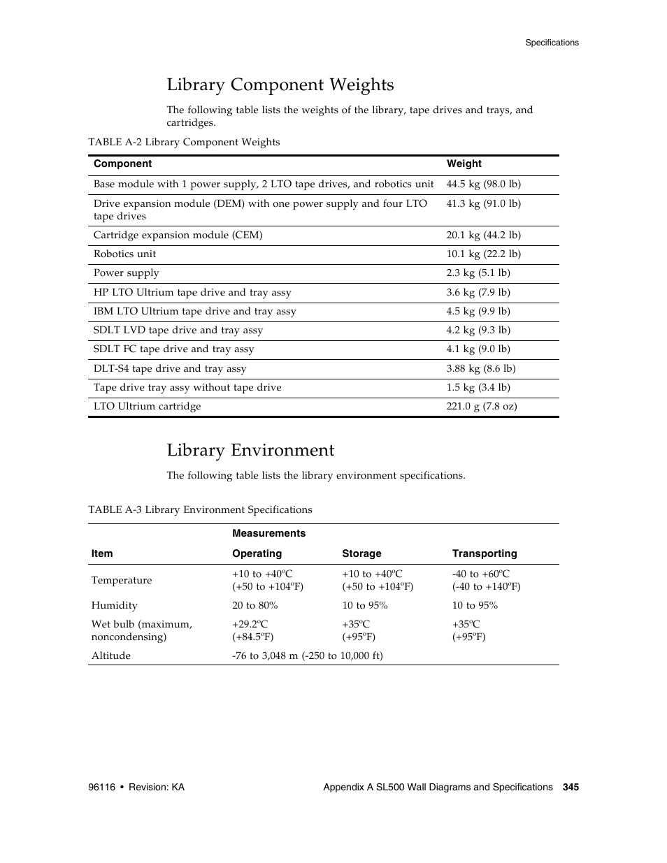 Library component weights, Library environment, Library environment 345 | Table a-2, Table a-3 | Sun Microsystems StorageTek Modular Library System SL500 User Manual | Page 377 / 436