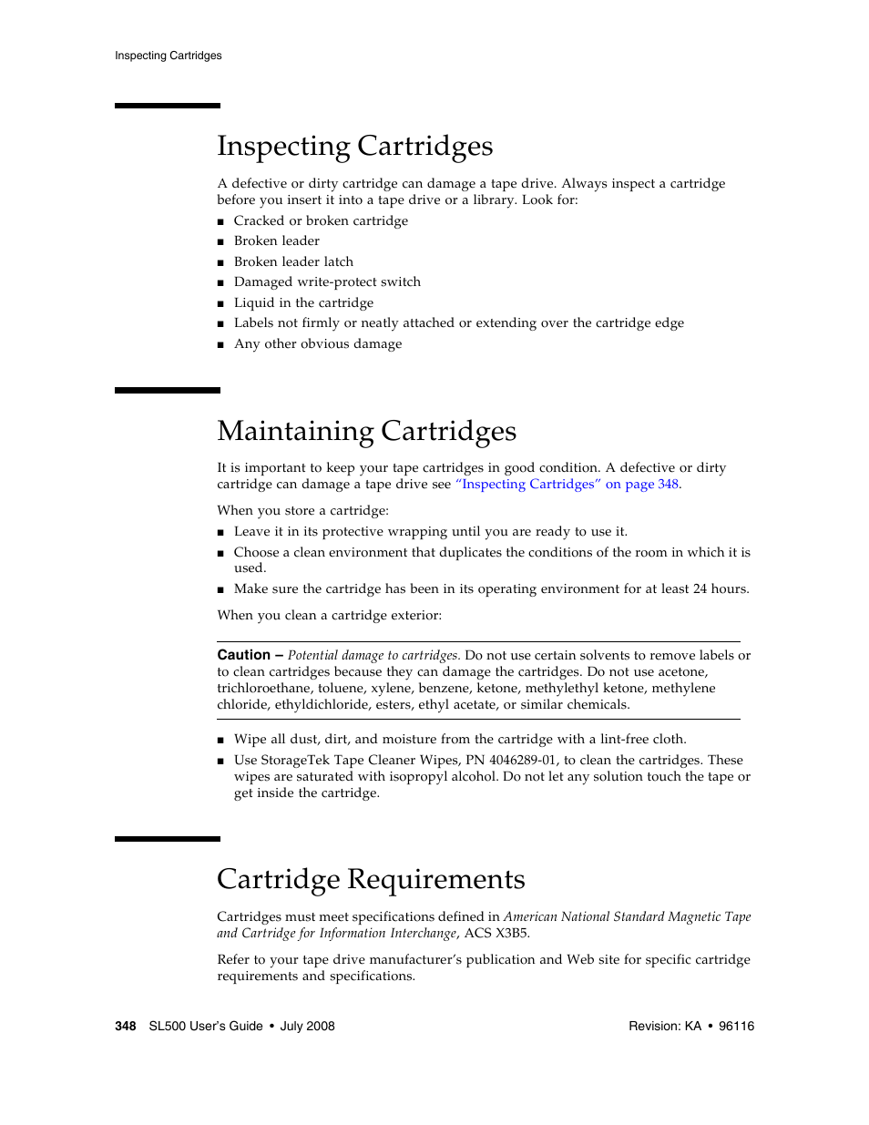 Inspecting cartridges, Maintaining cartridges, Cartridge requirements | Inspecting cartridges 348, Maintaining cartridges 348 | Sun Microsystems StorageTek Modular Library System SL500 User Manual | Page 380 / 436