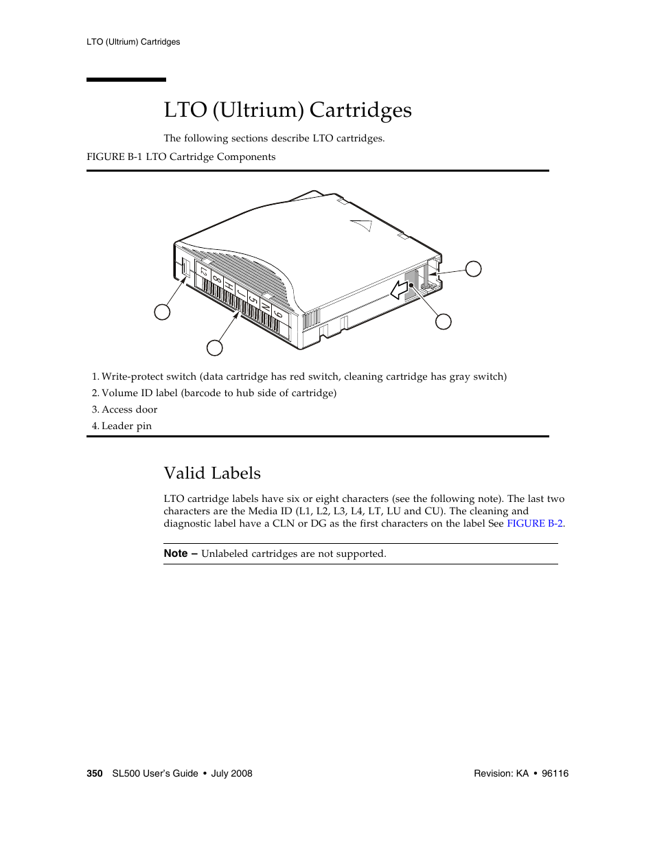 Lto (ultrium) cartridges, Valid labels, Lto (ultrium) cartridges 350 | Figure b-1 | Sun Microsystems StorageTek Modular Library System SL500 User Manual | Page 382 / 436