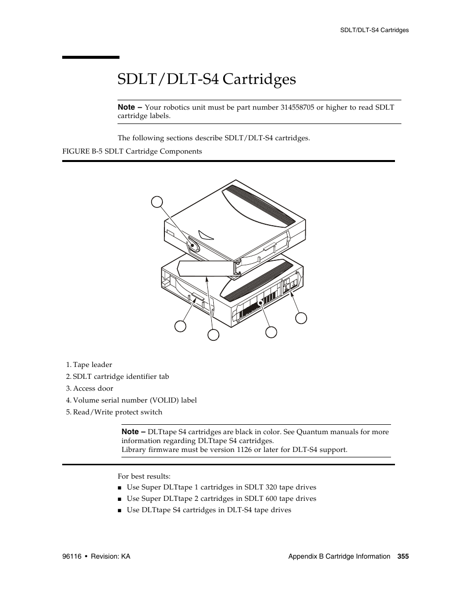 Sdlt/dlt-s4 cartridges, Sdlt/dlt-s4 cartridges 355, Figure b-5 | Sun Microsystems StorageTek Modular Library System SL500 User Manual | Page 387 / 436