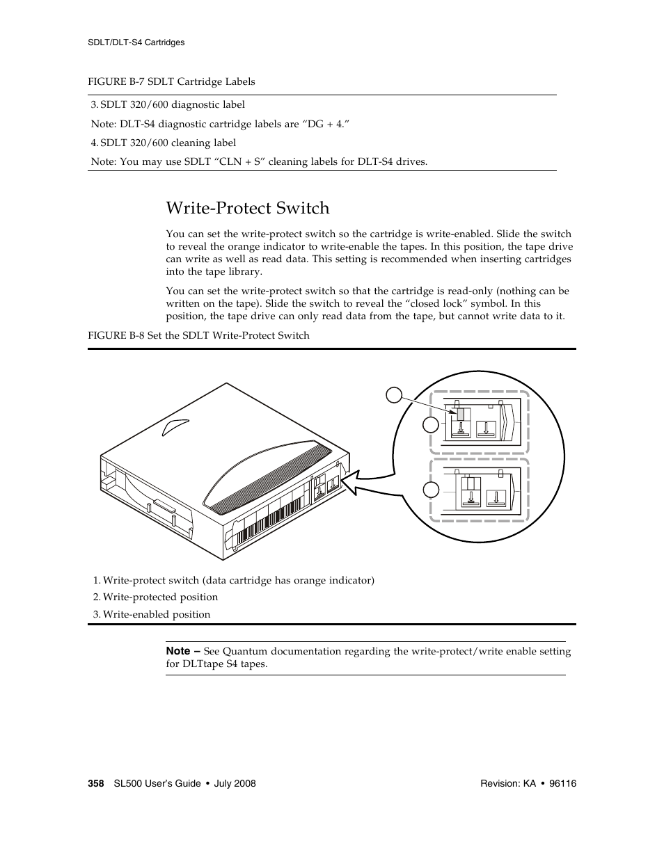 Write-protect switch, Write-protect switch 358, Figure b-8 | Sun Microsystems StorageTek Modular Library System SL500 User Manual | Page 390 / 436