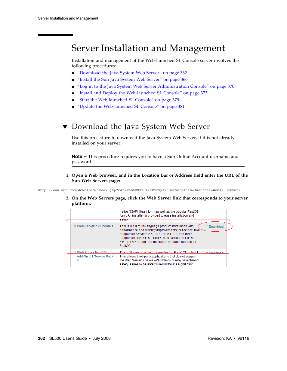 Server installation and management, Download the java system web server, Server installation and management 362 | Sun Microsystems StorageTek Modular Library System SL500 User Manual | Page 394 / 436