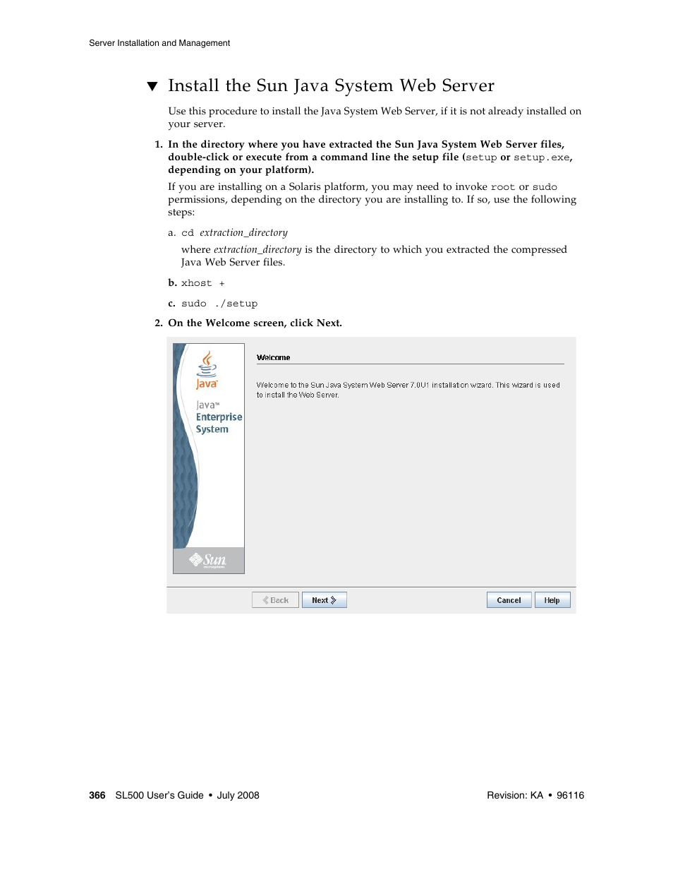 Install the sun java system web server, Install the sun java system web server 366 | Sun Microsystems StorageTek Modular Library System SL500 User Manual | Page 398 / 436