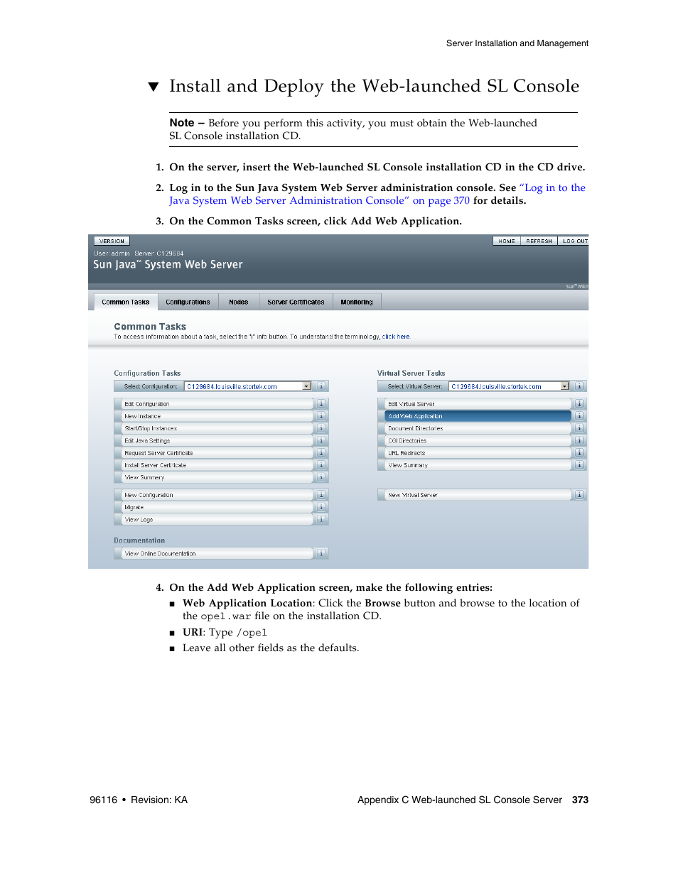 Install and deploy the web-launched sl console, Install and deploy the web-launched sl console 373 | Sun Microsystems StorageTek Modular Library System SL500 User Manual | Page 405 / 436