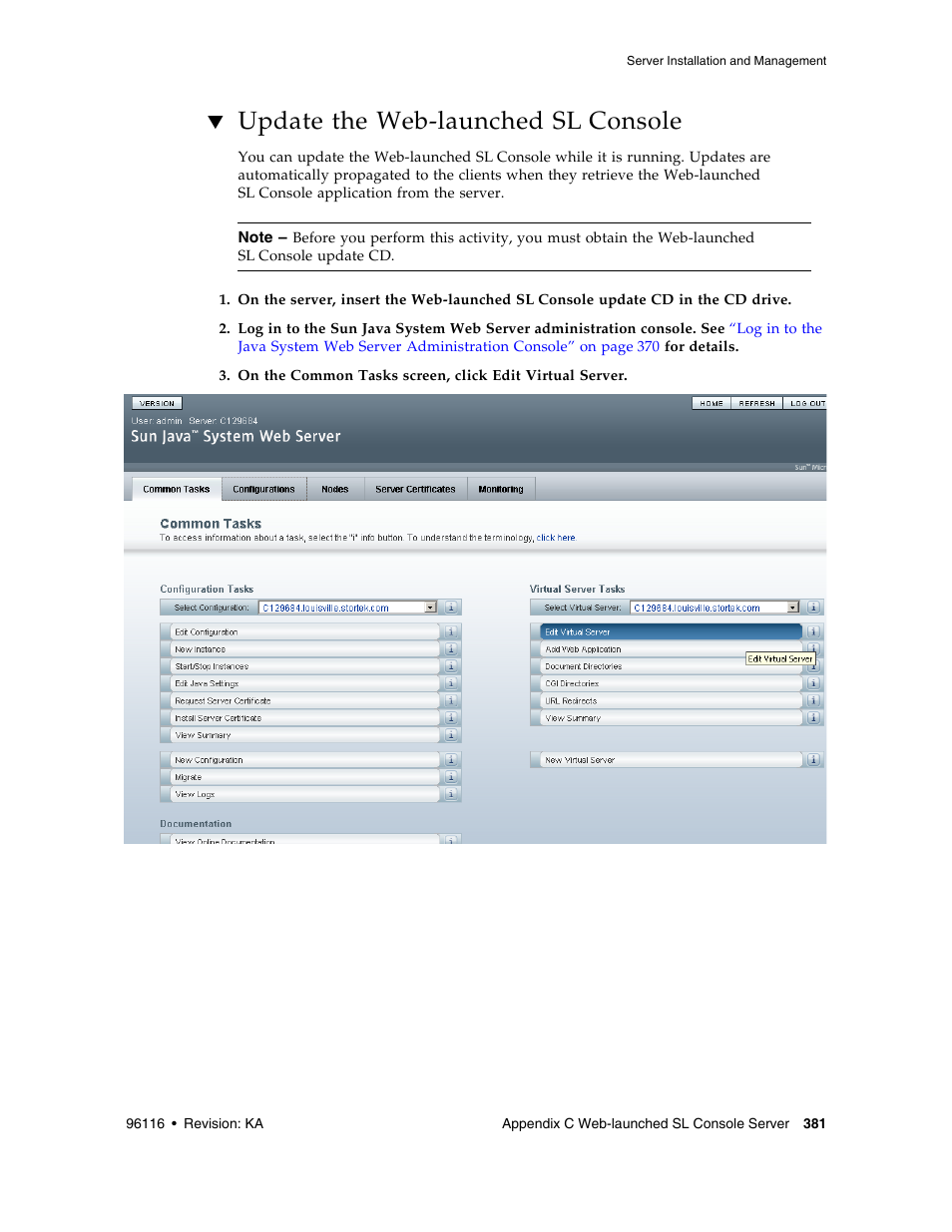 Update the web-launched sl console, Update the web-launched sl console 381 | Sun Microsystems StorageTek Modular Library System SL500 User Manual | Page 413 / 436