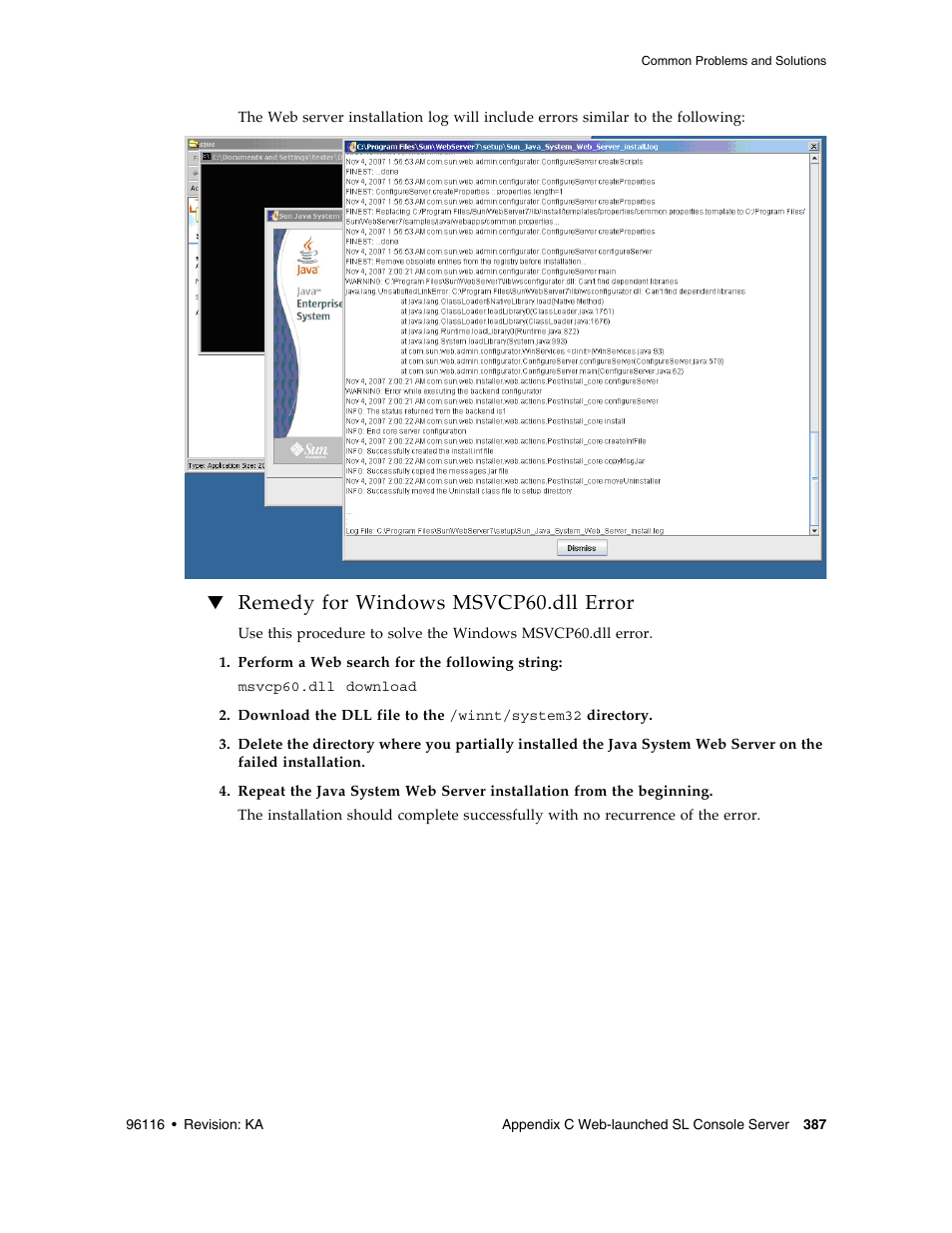 Remedy for windows msvcp60.dll error, Remedy for windows msvcp60.dll error 3 | Sun Microsystems StorageTek Modular Library System SL500 User Manual | Page 419 / 436