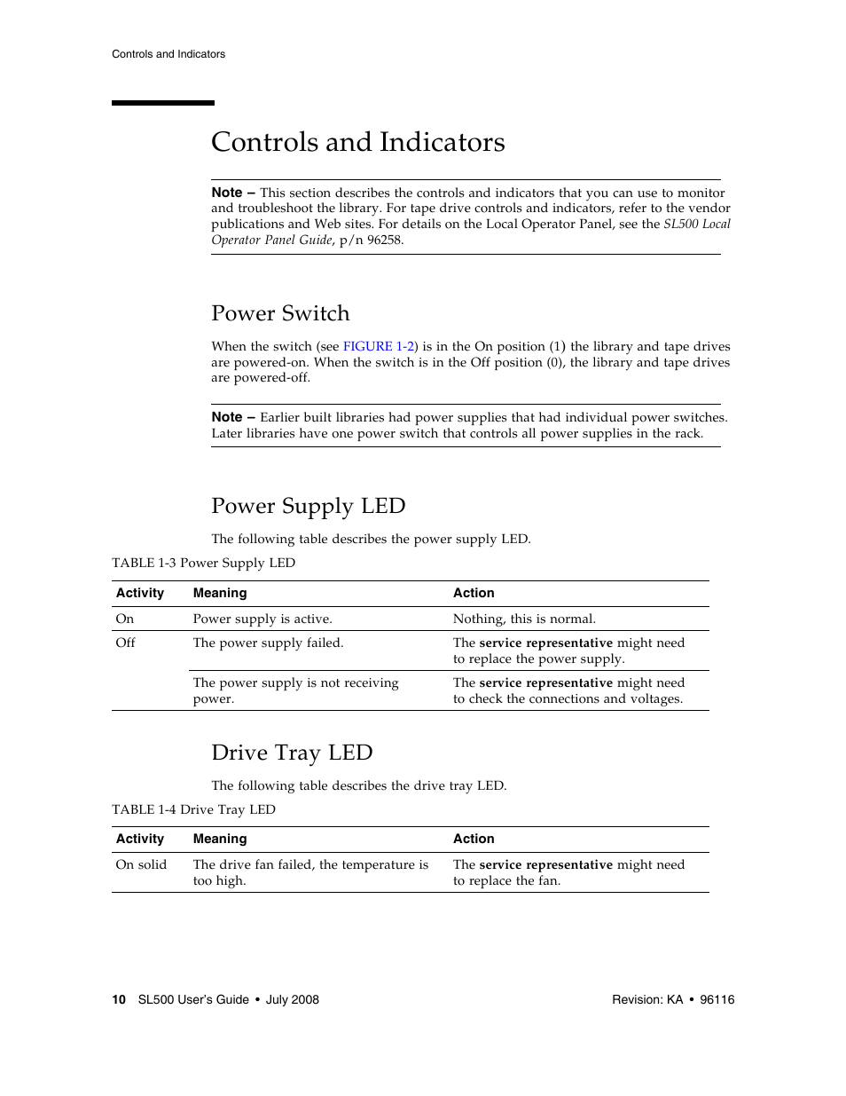 Controls and indicators, Power switch, Power supply led | Drive tray led, Controls and indicators 10, Power switch 10, Power supply led 1, Drive tray led 1, Table 1-3, Table 1-4 | Sun Microsystems StorageTek Modular Library System SL500 User Manual | Page 42 / 436