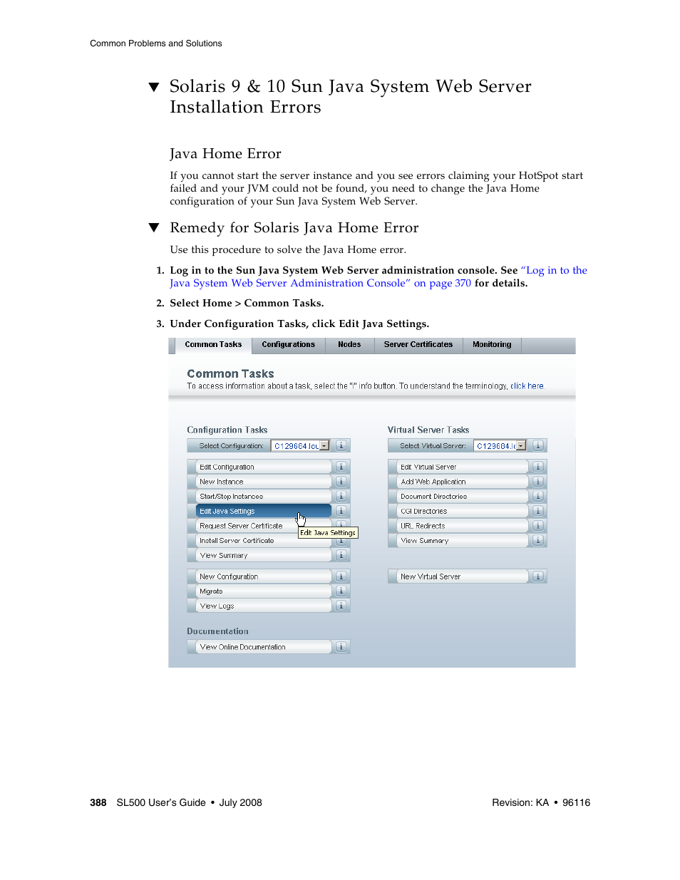 Java home error, Remedy for solaris java home error, Solaris 9 & 10 sun java system web server | Installation errors | Sun Microsystems StorageTek Modular Library System SL500 User Manual | Page 420 / 436