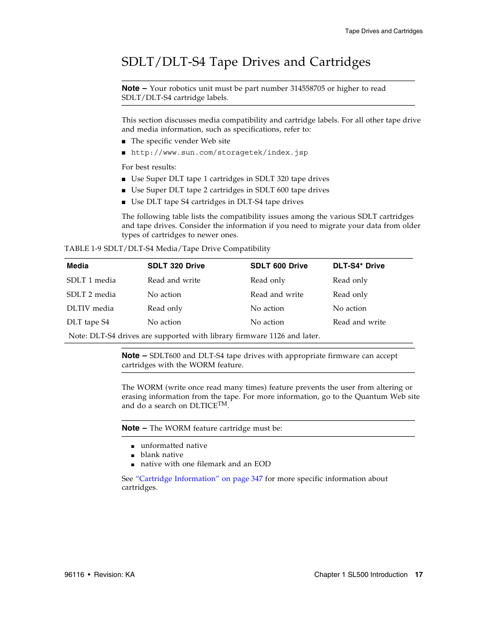 Sdlt/dlt-s4 tape drives and cartridges, Table 1-9 | Sun Microsystems StorageTek Modular Library System SL500 User Manual | Page 49 / 436