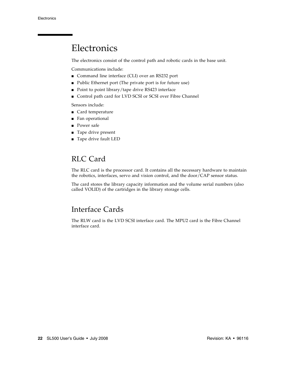 Electronics, Rlc card, Interface cards | Electronics 22 | Sun Microsystems StorageTek Modular Library System SL500 User Manual | Page 54 / 436