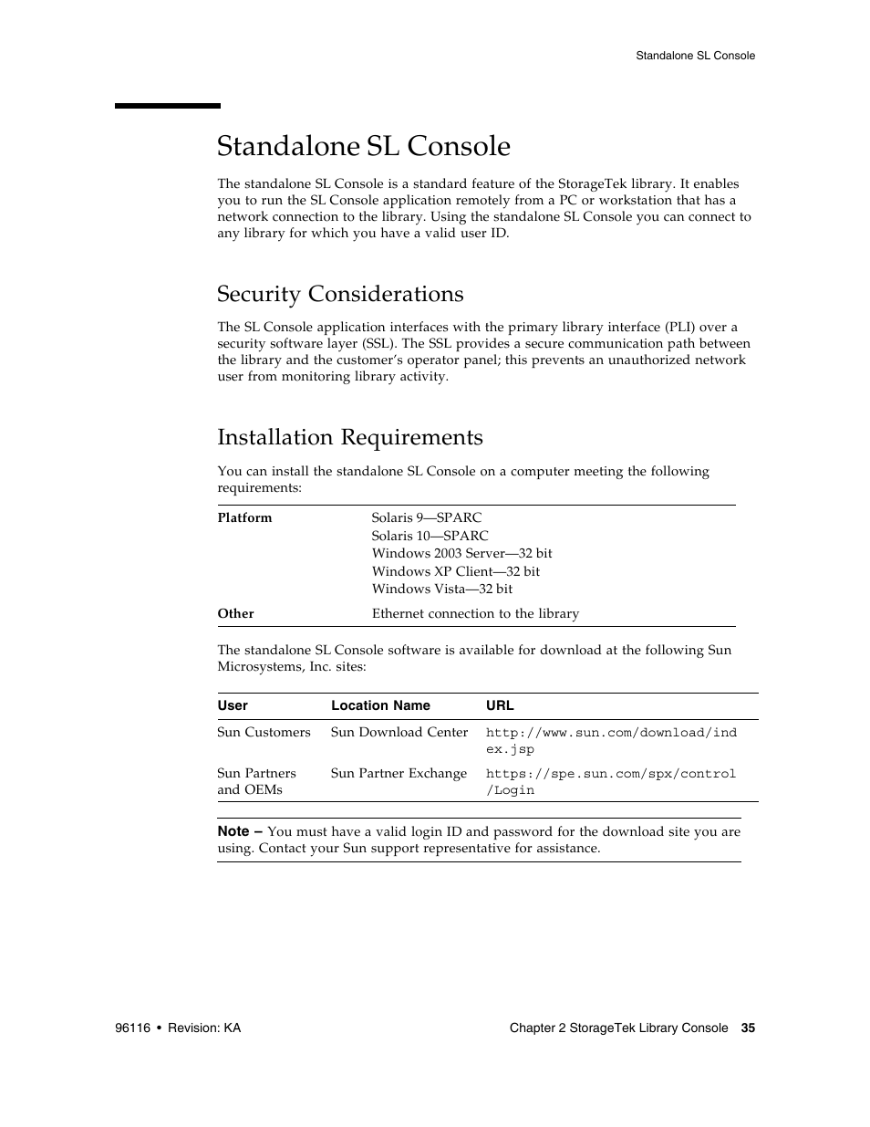 Standalone sl console, Security considerations, Installation requirements | Standalone sl console 35, Security considerations 35 | Sun Microsystems StorageTek Modular Library System SL500 User Manual | Page 67 / 436