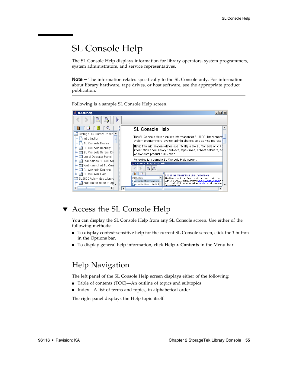 Sl console help, Access the sl console help, Help navigation | Sl console help 55, Help navigation 55 | Sun Microsystems StorageTek Modular Library System SL500 User Manual | Page 87 / 436