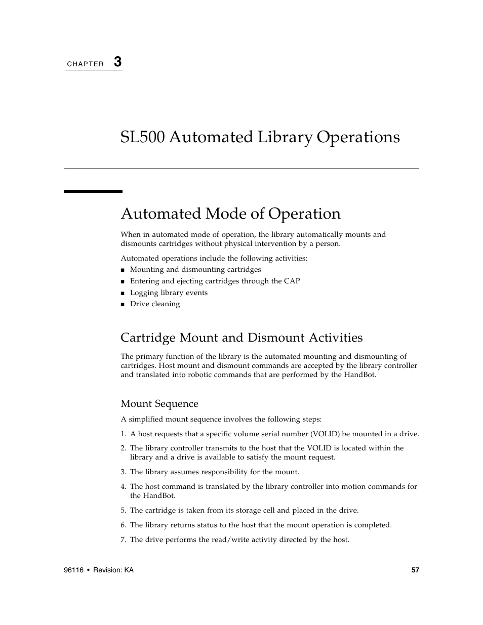 Sl500 automated library operations, Automated mode of operation, Cartridge mount and dismount activities | Mount sequence, Chapter 3, “sl500 automated library, Operations, Sl500 automated library operations 57, Automated mode of operation 5 | Sun Microsystems StorageTek Modular Library System SL500 User Manual | Page 89 / 436