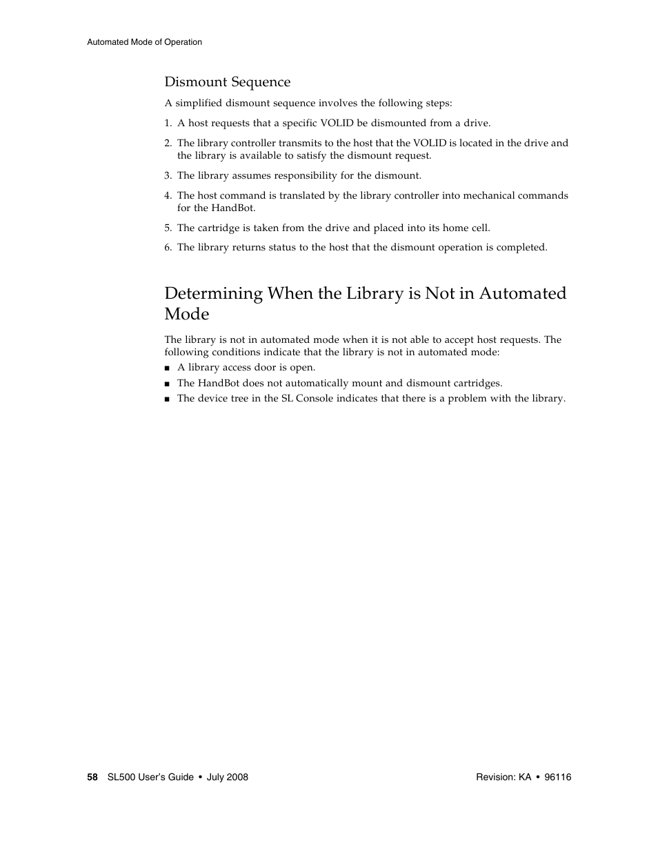 Dismount sequence, Dismount sequence 58 | Sun Microsystems StorageTek Modular Library System SL500 User Manual | Page 90 / 436