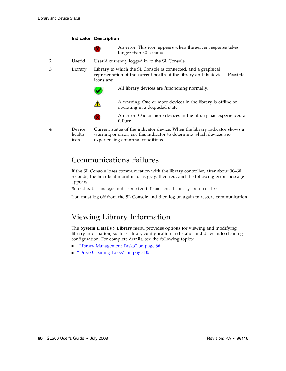 Communications failures, Viewing library information, Communications failures 60 | Sun Microsystems StorageTek Modular Library System SL500 User Manual | Page 92 / 436