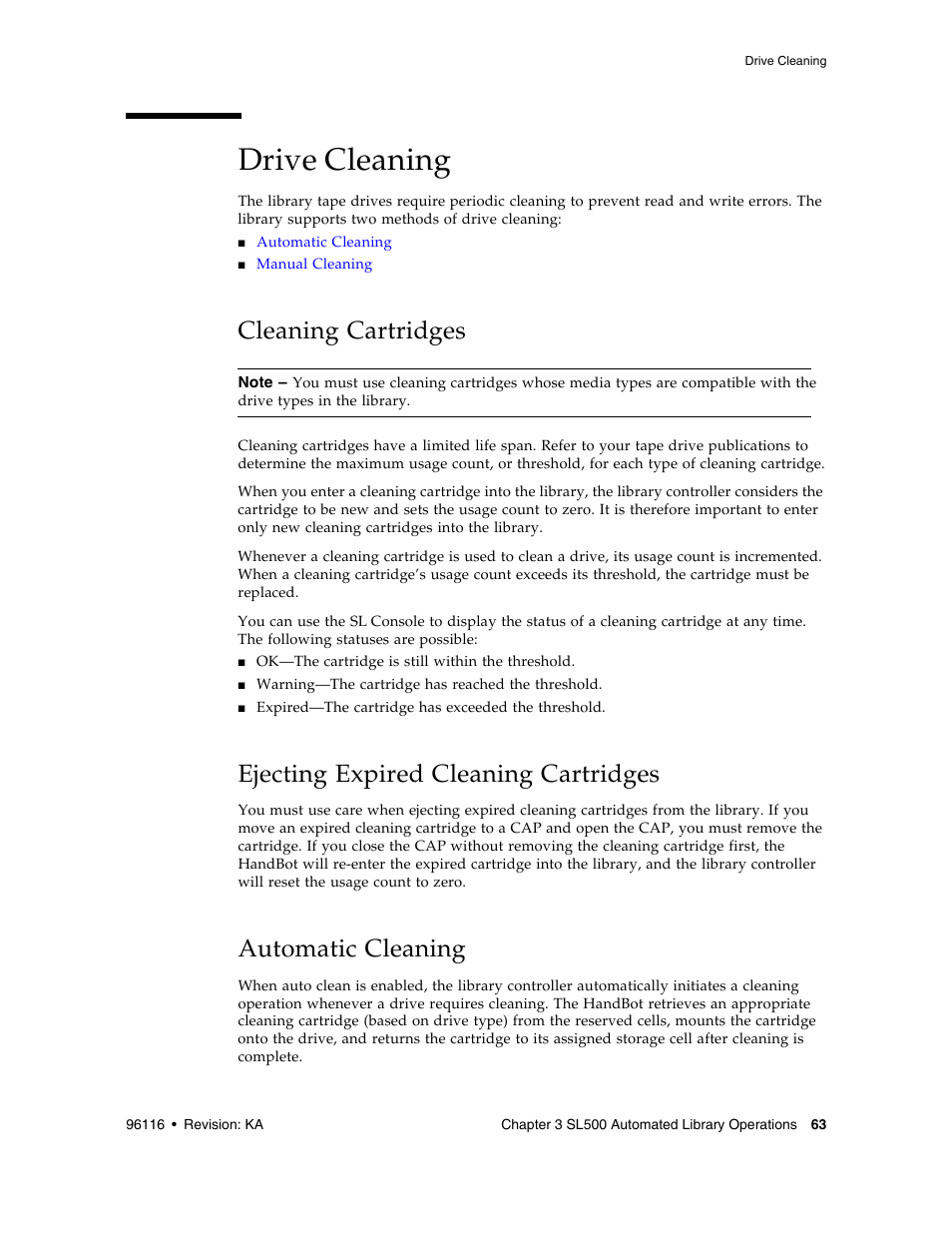 Drive cleaning, Cleaning cartridges, Ejecting expired cleaning cartridges | Automatic cleaning, Drive cleaning 63, Automatic cleaning 63 | Sun Microsystems StorageTek Modular Library System SL500 User Manual | Page 95 / 436