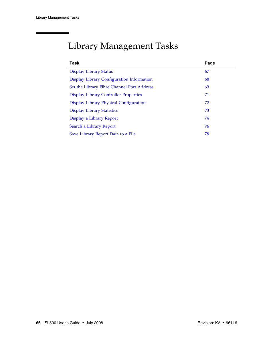 Library management tasks, Library management tasks 66 | Sun Microsystems StorageTek Modular Library System SL500 User Manual | Page 98 / 436