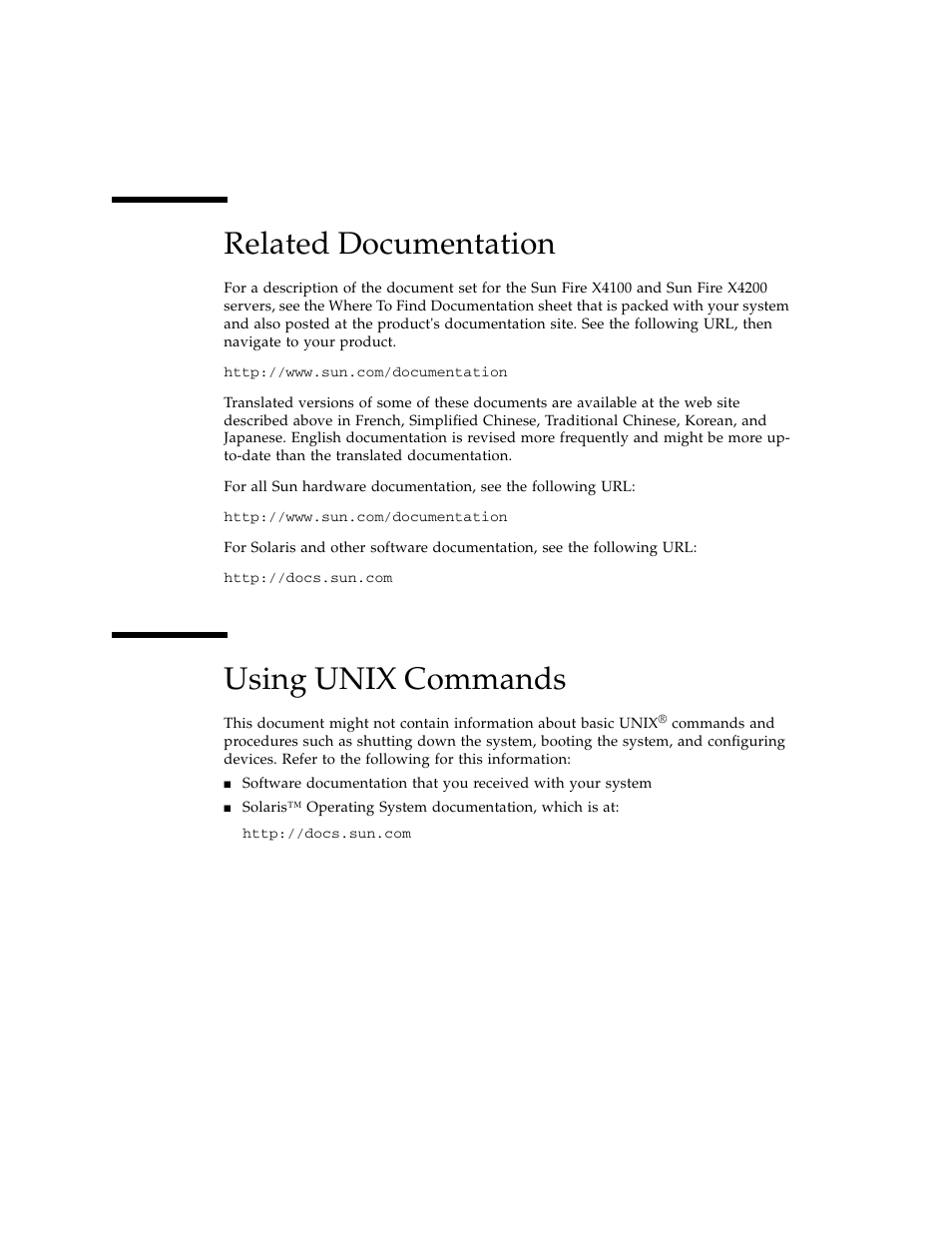 Related documentation, Using unix commands | Sun Microsystems Sun Fire X4100 User Manual | Page 12 / 302