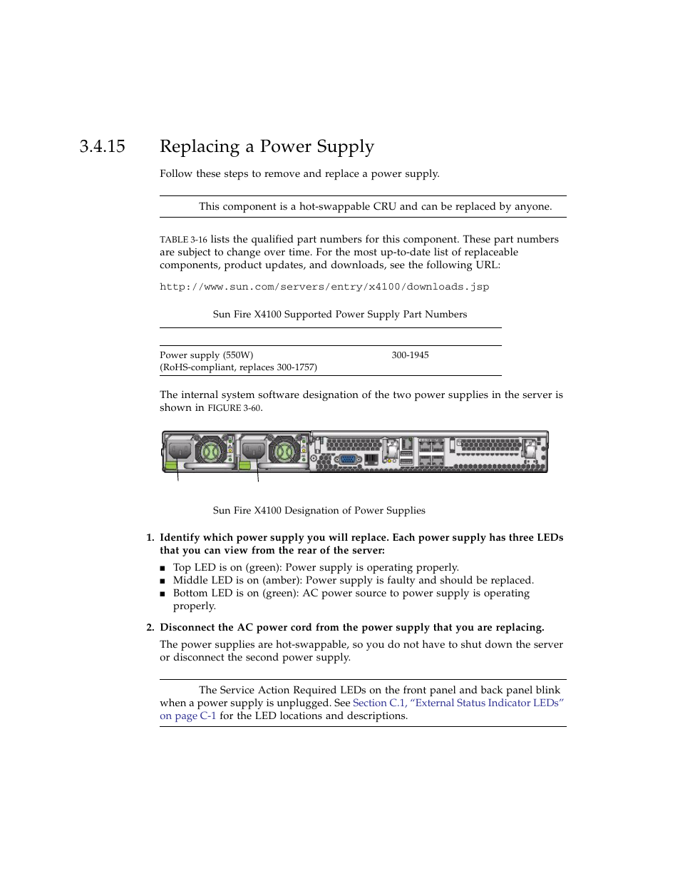 15 replacing a power supply, Replacing a power supply | Sun Microsystems Sun Fire X4100 User Manual | Page 124 / 302