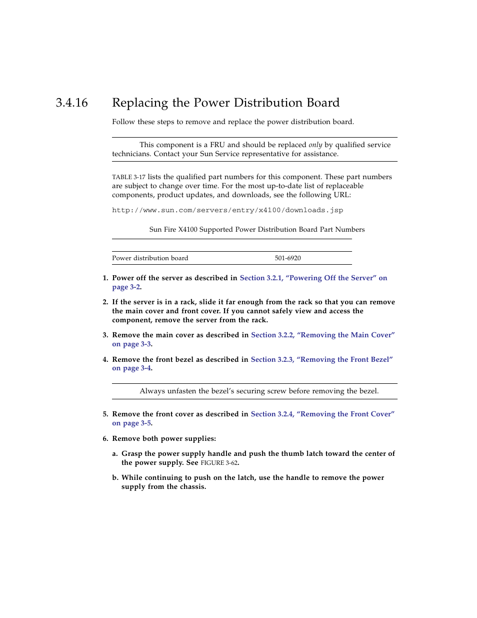 16 replacing the power distribution board, Replacing the power distribution board | Sun Microsystems Sun Fire X4100 User Manual | Page 126 / 302