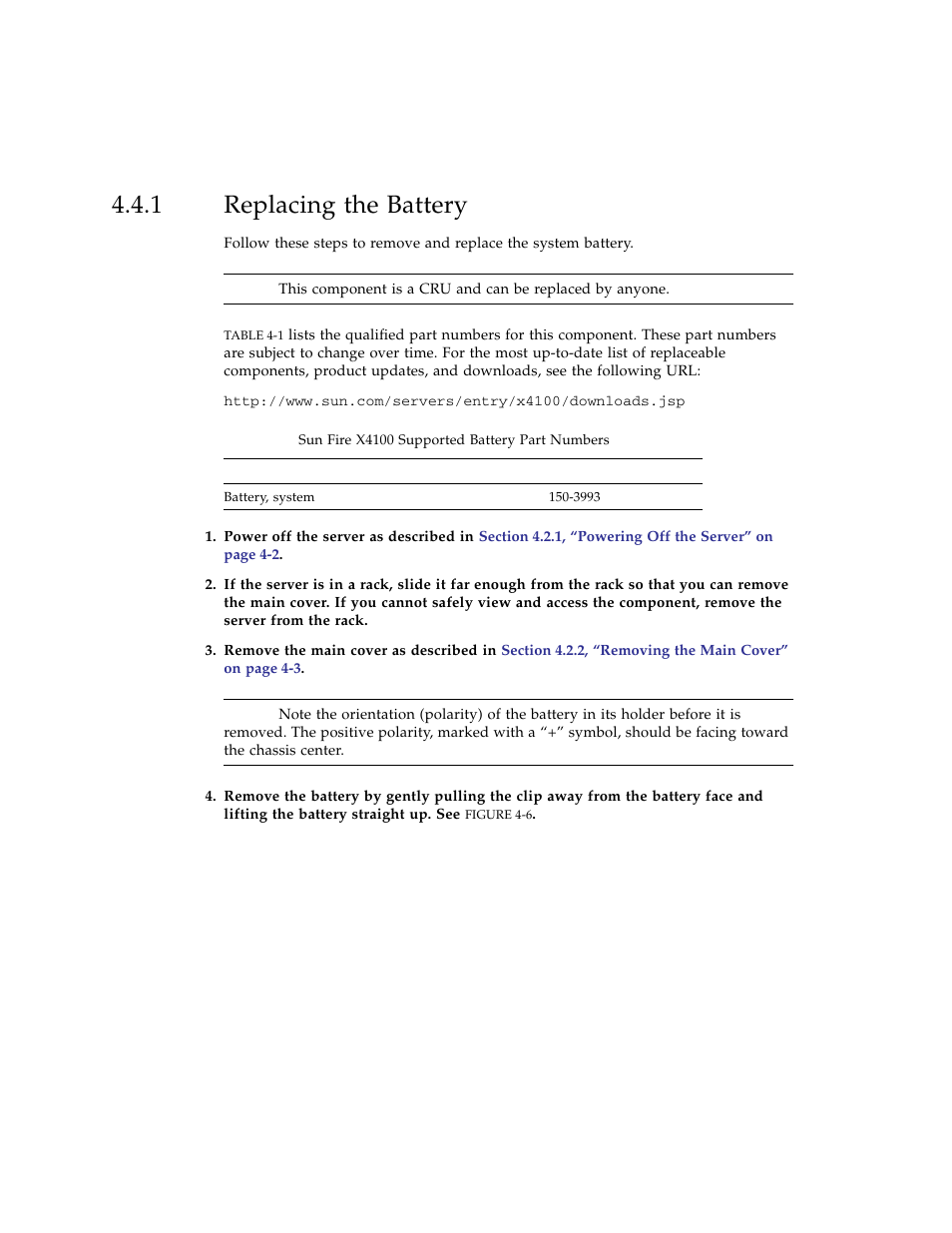 1 replacing the battery, Replacing the battery | Sun Microsystems Sun Fire X4100 User Manual | Page 138 / 302