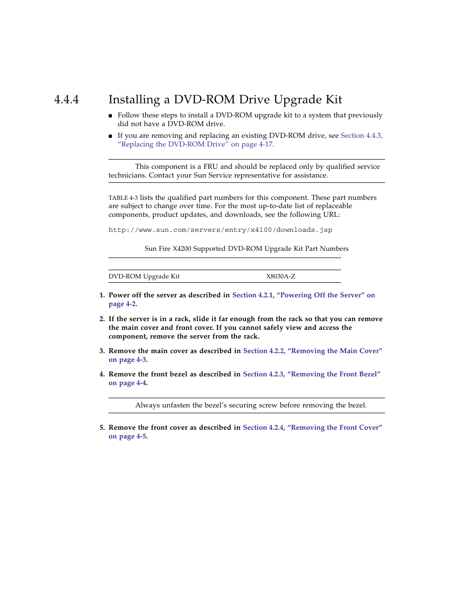 4 installing a dvd-rom drive upgrade kit, Installing a dvd-rom drive upgrade kit, Section 4.4.4, “installing a dvd-rom drive | Sun Microsystems Sun Fire X4100 User Manual | Page 150 / 302