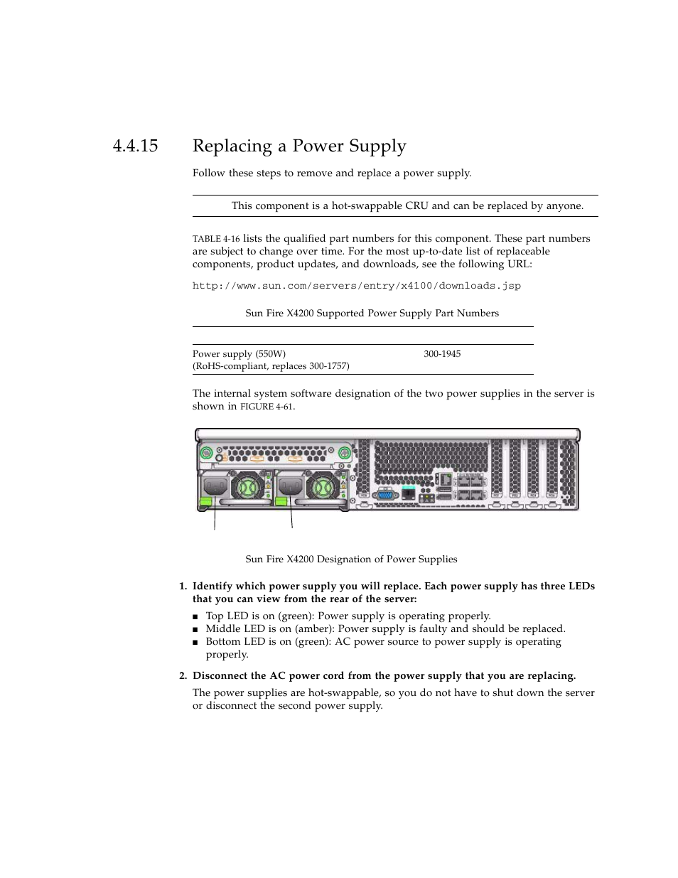 15 replacing a power supply, Replacing a power supply | Sun Microsystems Sun Fire X4100 User Manual | Page 195 / 302