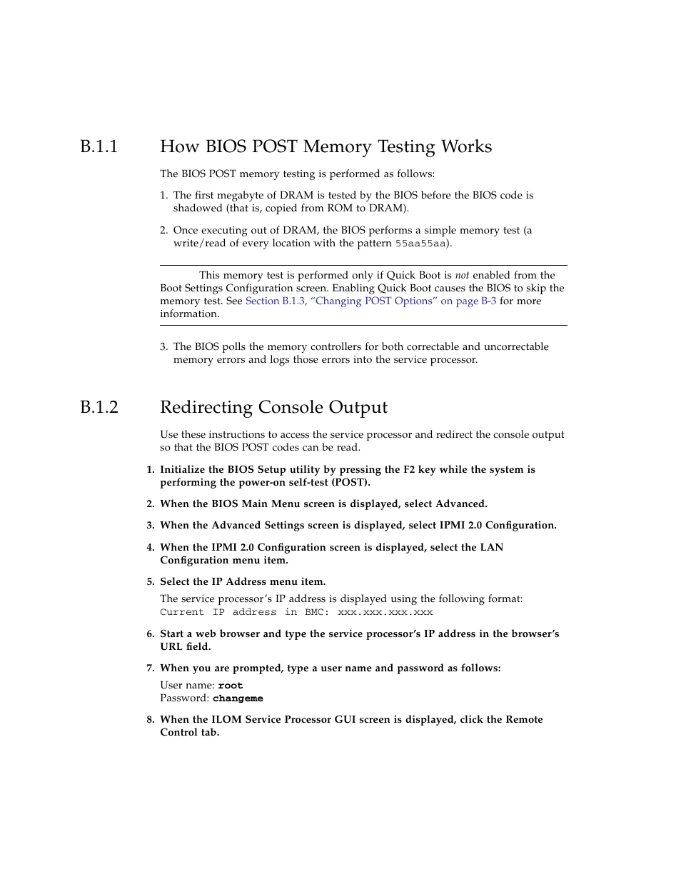 B.1.1 how bios post memory testing works, B.1.2 redirecting console output, How bios post memory testing works | Redirecting console output | Sun Microsystems Sun Fire X4100 User Manual | Page 210 / 302