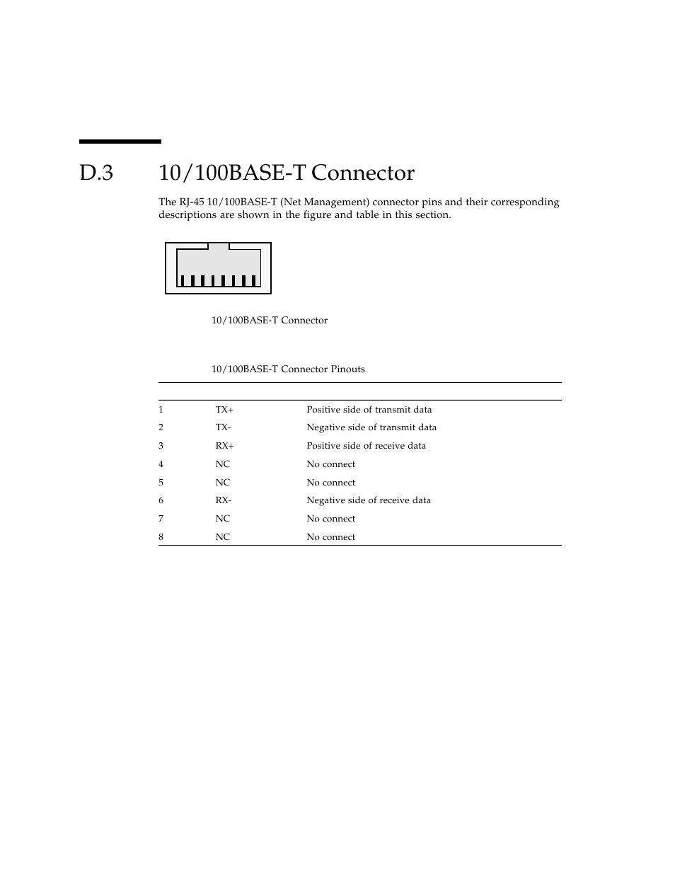 D.3 10/100base-t connector, 10/100base-t connector | Sun Microsystems Sun Fire X4100 User Manual | Page 228 / 302