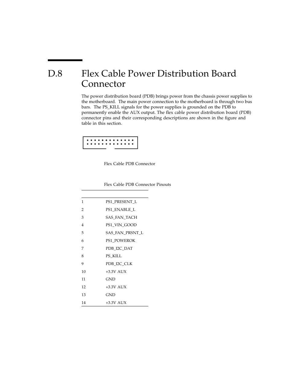 D.8 flex cable power distribution board connector, Flex cable power distribution board connector, D-13 | Sun Microsystems Sun Fire X4100 User Manual | Page 237 / 302