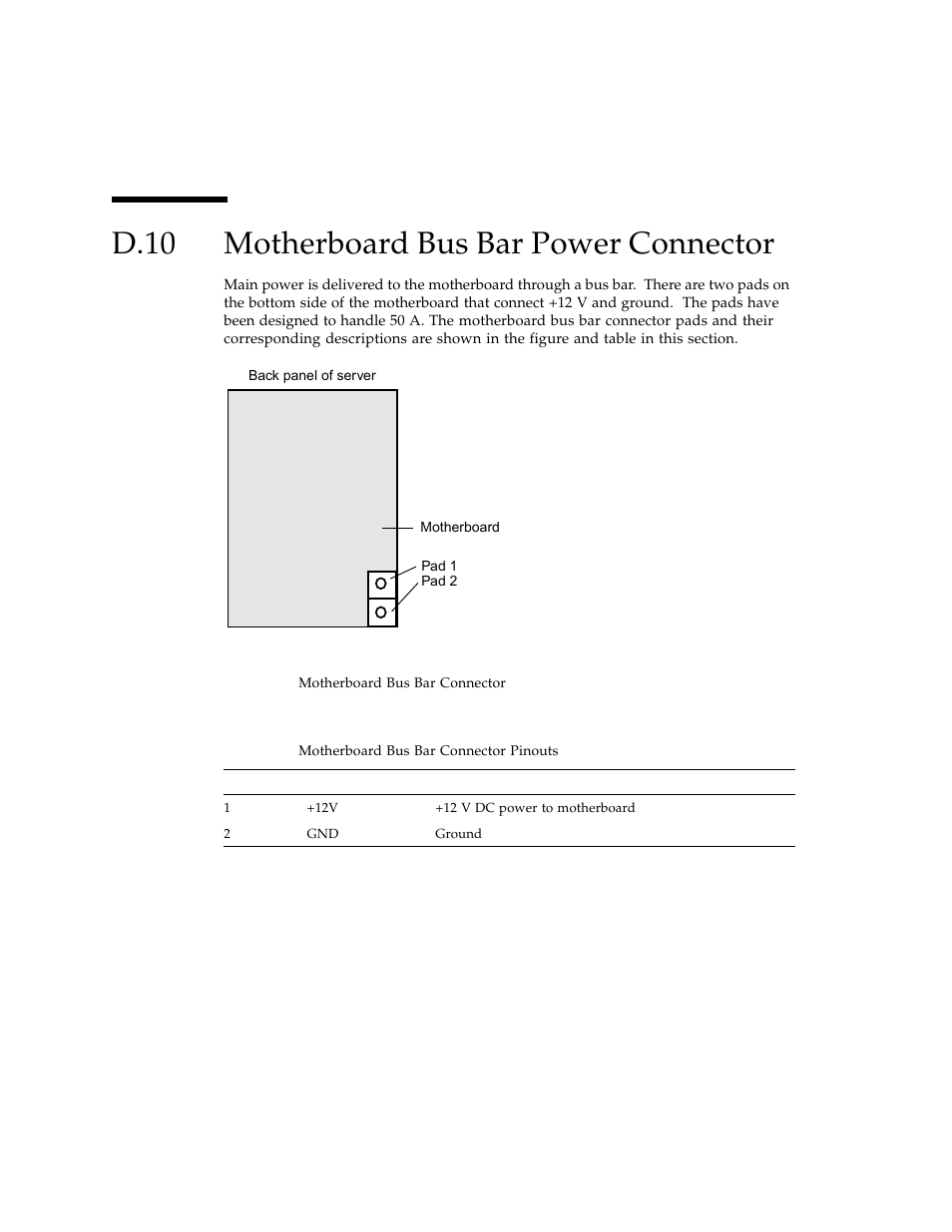 D.10 motherboard bus bar power connector, Motherboard bus bar power connector | Sun Microsystems Sun Fire X4100 User Manual | Page 242 / 302