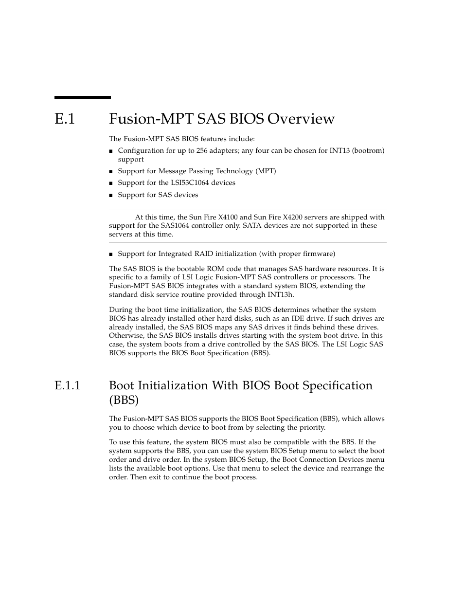 E.1 fusion-mpt sas bios overview, Fusion-mpt sas bios overview | Sun Microsystems Sun Fire X4100 User Manual | Page 250 / 302