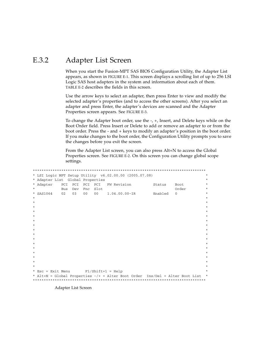 E.3.2 adapter list screen, Adapter list screen | Sun Microsystems Sun Fire X4100 User Manual | Page 254 / 302