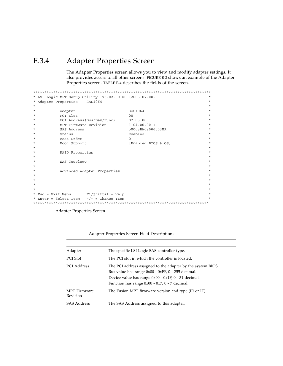 E.3.4 adapter properties screen, Adapter properties screen, E-10 | Figure e-3 | Sun Microsystems Sun Fire X4100 User Manual | Page 258 / 302