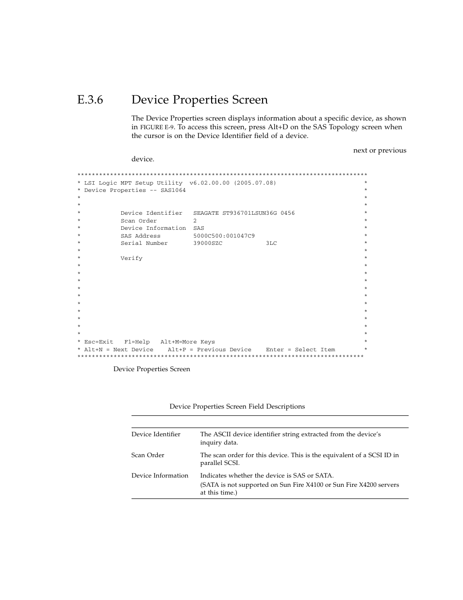 E.3.6 device properties screen, Device properties screen, E-17 | Sun Microsystems Sun Fire X4100 User Manual | Page 265 / 302