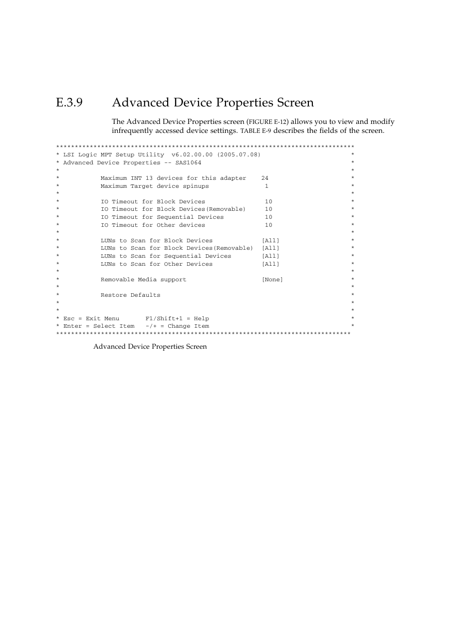 E.3.9 advanced device properties screen, Advanced device properties screen | Sun Microsystems Sun Fire X4100 User Manual | Page 272 / 302