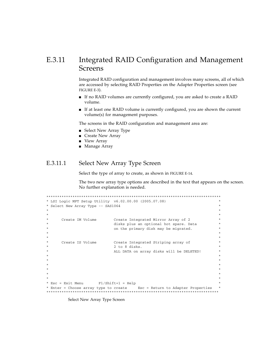 E.3.11.1 select new array type screen, Select new array type screen | Sun Microsystems Sun Fire X4100 User Manual | Page 279 / 302