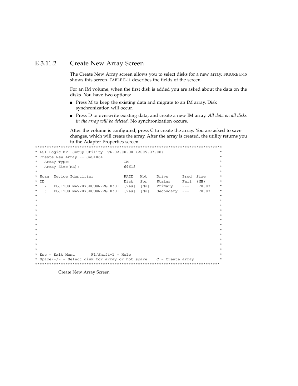 E.3.11.2 create new array screen, Create new array screen | Sun Microsystems Sun Fire X4100 User Manual | Page 280 / 302