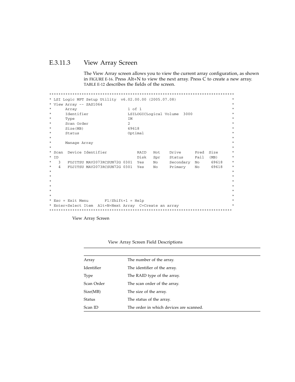 E.3.11.3 view array screen, View array screen, E-35 | Sun Microsystems Sun Fire X4100 User Manual | Page 283 / 302