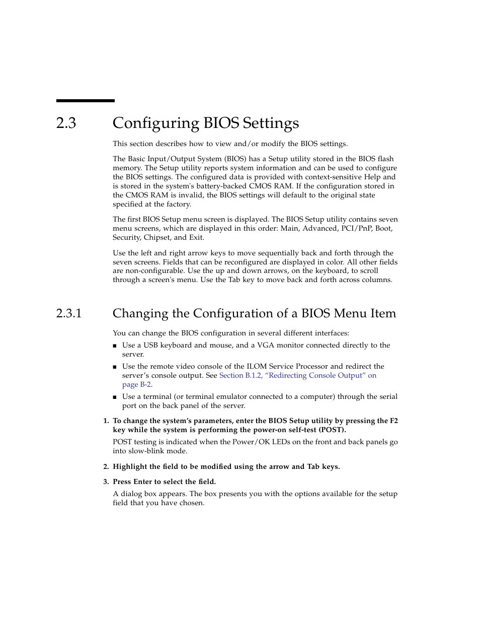 3 configuring bios settings, 1 changing the configuration of a bios menu item, Configuring bios settings | Changing the configuration of a bios menu item | Sun Microsystems Sun Fire X4100 User Manual | Page 30 / 302