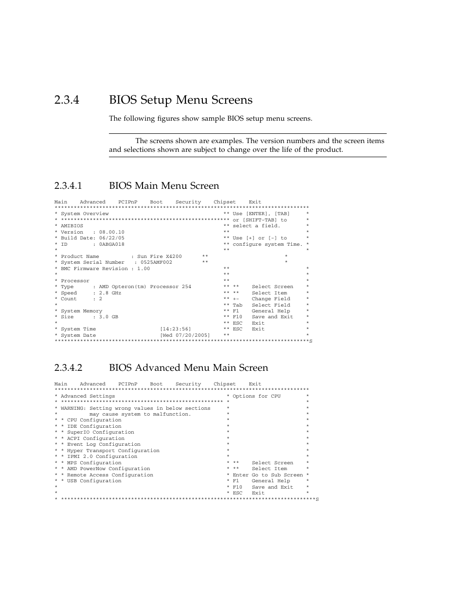 4 bios setup menu screens, 1 bios main menu screen, 2 bios advanced menu main screen | Bios setup menu screens, Bios main menu screen, Bios advanced menu main screen | Sun Microsystems Sun Fire X4100 User Manual | Page 34 / 302