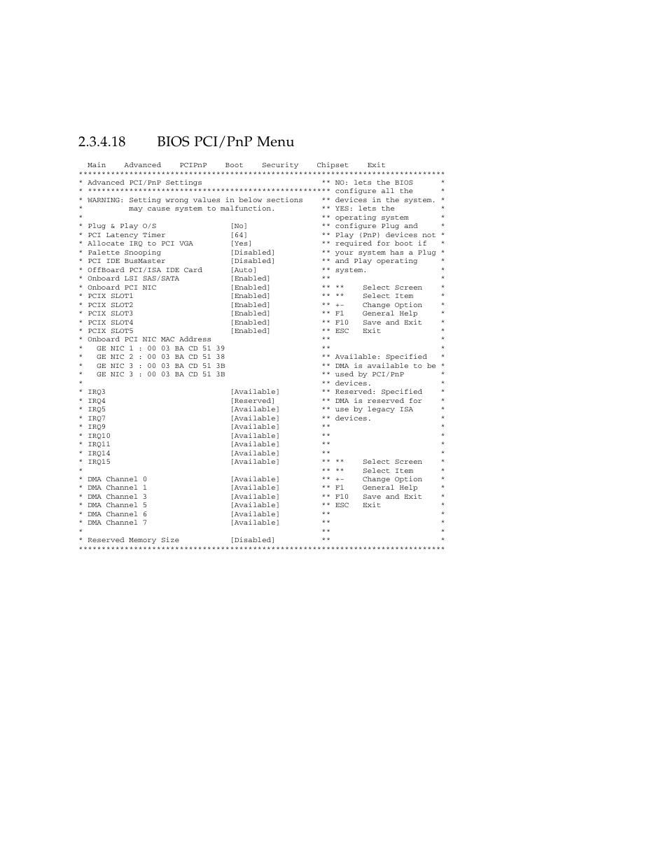 18 bios pci/pnp menu, Bios pci/pnp menu | Sun Microsystems Sun Fire X4100 User Manual | Page 44 / 302